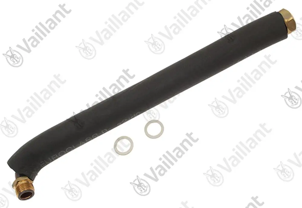 Schwarzes Rohr mit Metallenden und Dichtungsringen, erkennbar als Vaillant Produkt, vermutlich für Heizungsinstallation oder Wasserleitung.